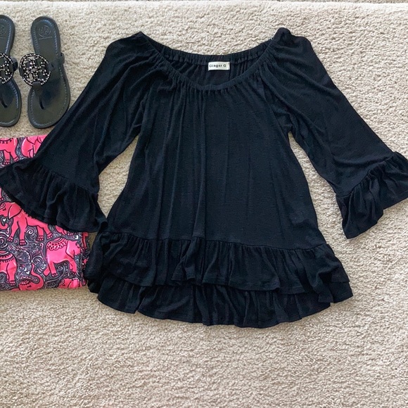 Tops - Black Off the Shoulder Ruffle Sleeve Top